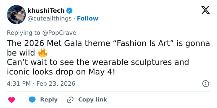 Screenshot of a tweet discussing the 2026 Met Gala dress code and its fashion theme sparking controversy.