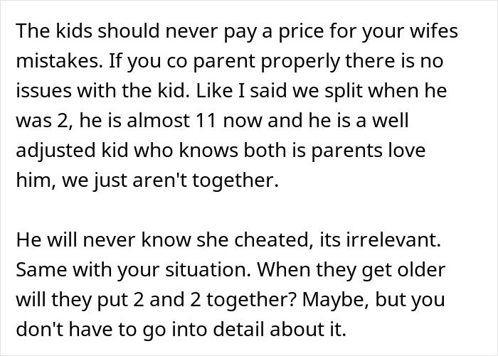 Text discussing co-parenting challenges and a wife's secret exposed after giving birth to a black child in a family context.