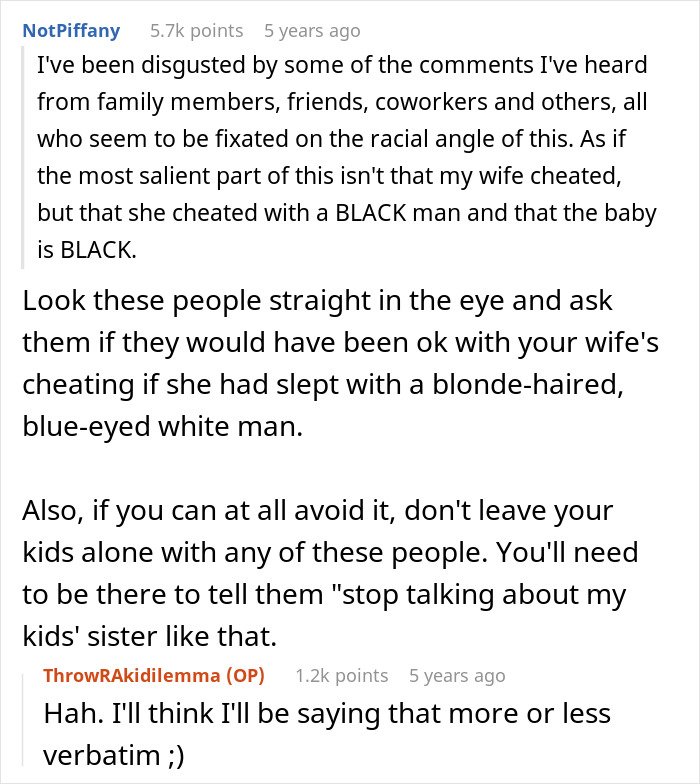 Reddit comments discussing wife's secret exposed after giving birth to a black child and husband's reaction to divorce fears.