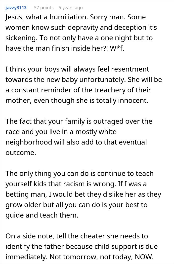 Comment discussing wife&rsquo;s secret exposed after birth of a black child and the husband's challenges with racism and family issues.