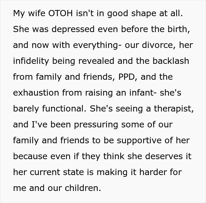 Text excerpt discussing wife&rsquo;s depression and infidelity revealed after childbirth, impacting family dynamics and divorce.