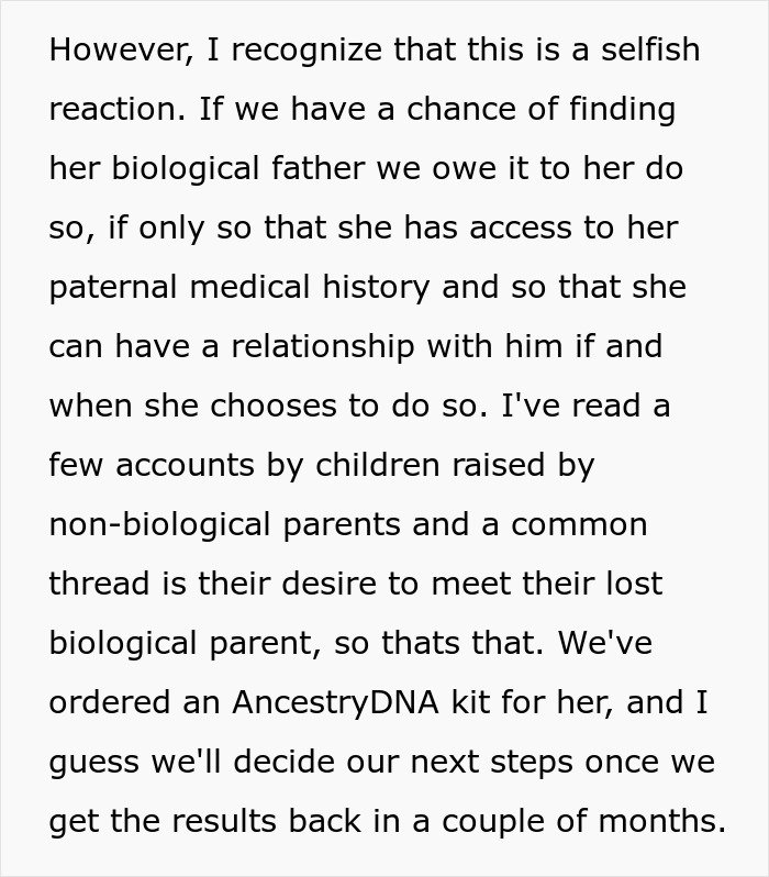 Text discussing finding a child's biological father, medical history access, and using AncestryDNA for family secrets.