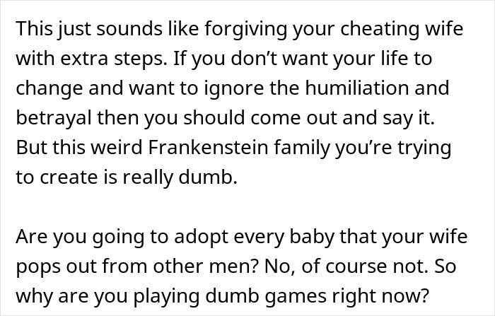 Text discussing forgiving a cheating wife after giving birth to a black child and the husband's dilemma about divorce.