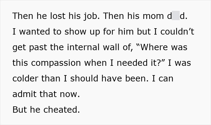 Text excerpt showing a woman reflecting on lost compassion and admitting her cheating husband after his hardships.