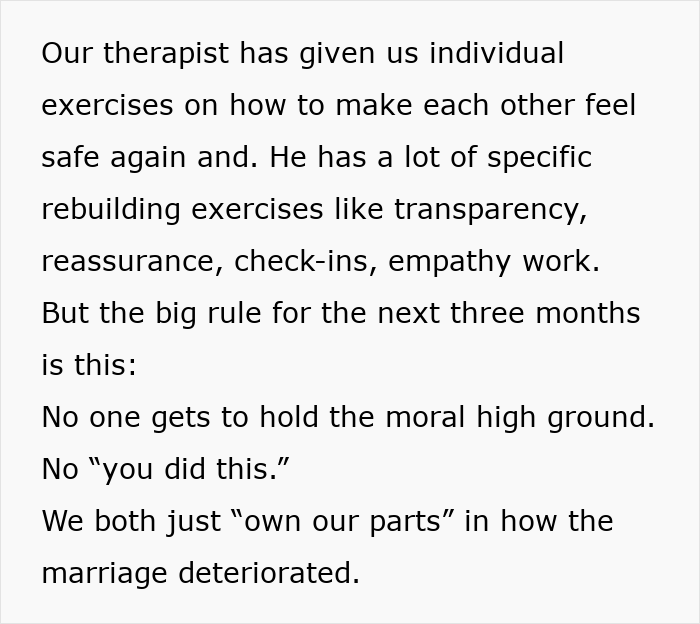 Text discussing therapist’s exercises for rebuilding trust after cheating husband with a fair therapist’s guidance.