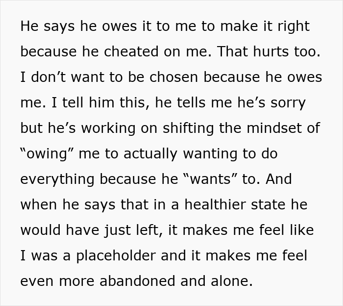 Woman shares feelings about cheating husband and receives a fair therapist’s perspective on relationship and accountability.