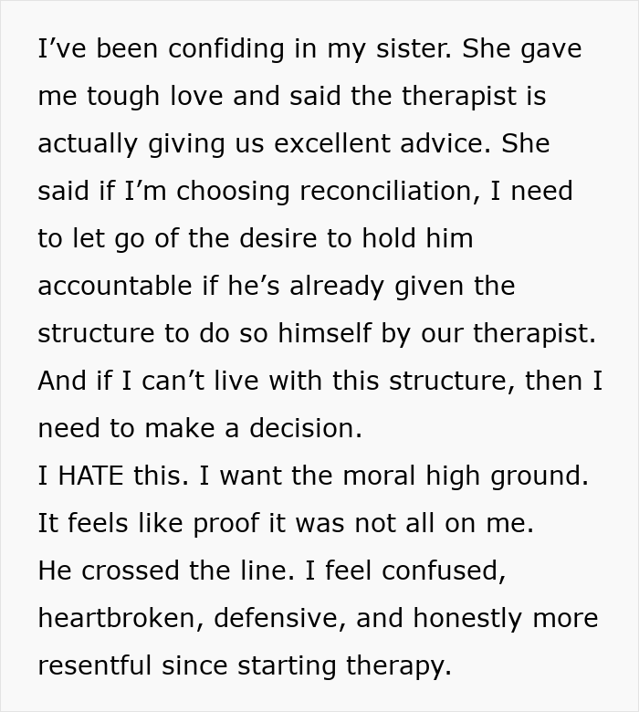 Text showing a woman’s emotional confession about her cheating husband and advice from a fair therapist online.