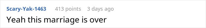 Screenshot of an online comment saying a marriage is over, related to cheating husband and fair therapist discussion.