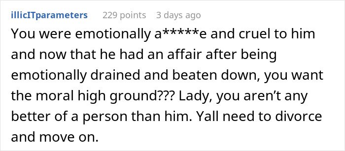 Comment on woman’s cheating husband and fair therapist sparks internet reality check about relationships and emotional struggles.