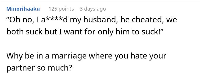 Screenshot of online comment discussing a cheating husband and reflecting on a fair therapist’s perspective.