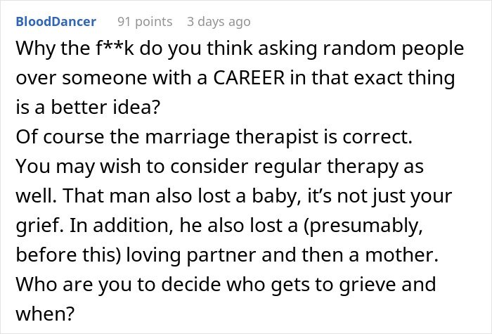 Reddit comment discussing a cheating husband and a fair therapist’s perspective on marriage and grief.
