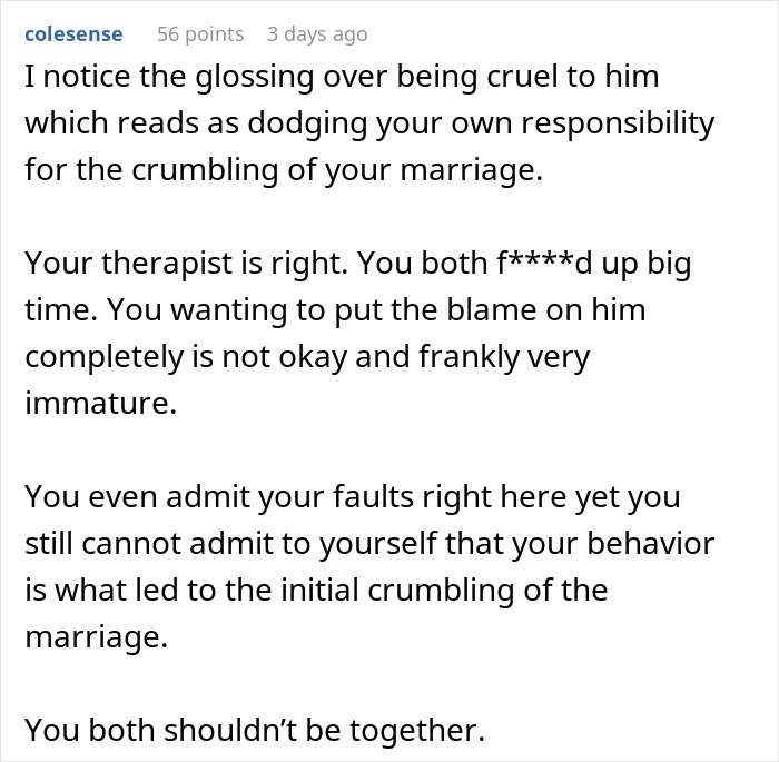 Online community gives woman a reality check about cheating husband and fair therapist advice on marriage issues.