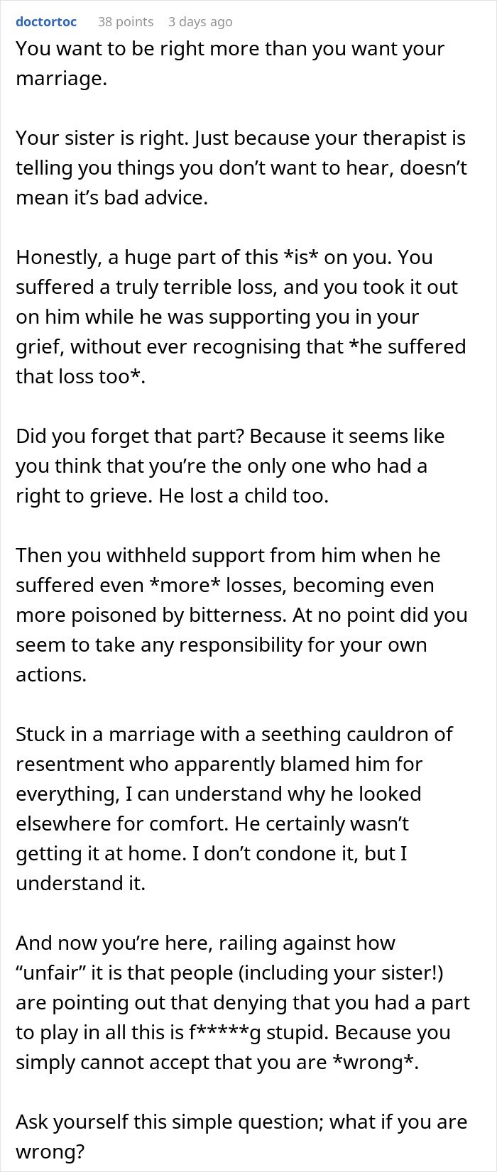Commenter explains fairness of therapist and internet reality check after woman complains about cheating husband and marriage.