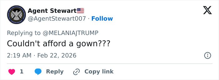 Screenshot of a tweet criticizing Melania Trump’s governors dinner outfit, sparking fierce backlash online.