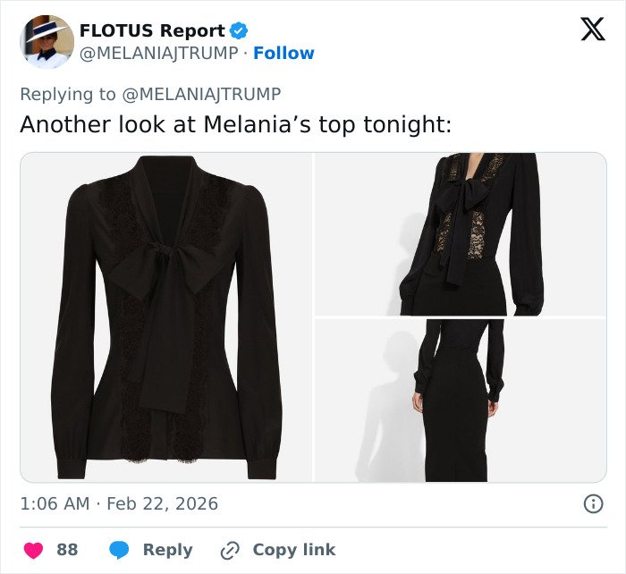 Black lace blouse with bow detail worn by Melania Trump sparking backlash at governors dinner outfit event.