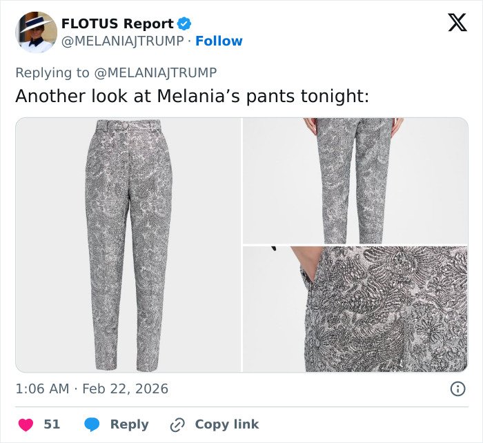 Melania Trump’s patterned pants featured in Governors Dinner outfit generating fierce backlash on social media.