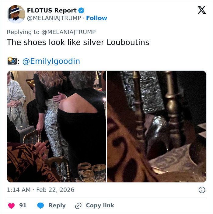 Melania Trump wearing a silver outfit and shoes at the governors dinner sparking fierce backlash.
