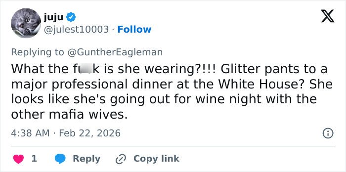 Screenshot of a tweet criticizing Melania Trump’s governors dinner outfit as inappropriate glitter pants for a professional event.
