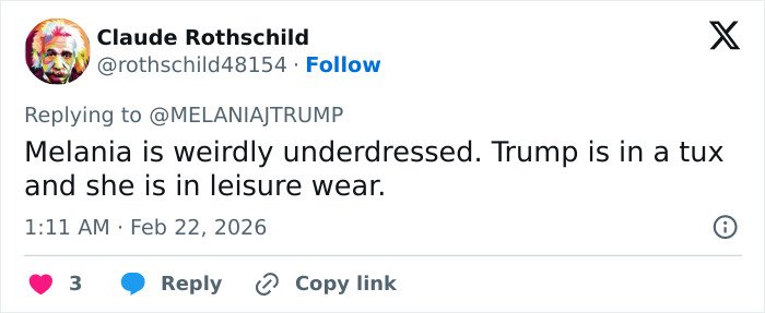 Tweet criticizing Melania Trump’s governors dinner outfit as inappropriate and underdressed compared to formal tuxedo attire.