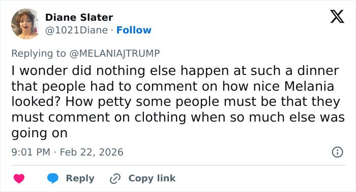 Tweet criticizing backlash over Melania Trump’s governors dinner outfit comments, highlighting focus on clothing amid events.