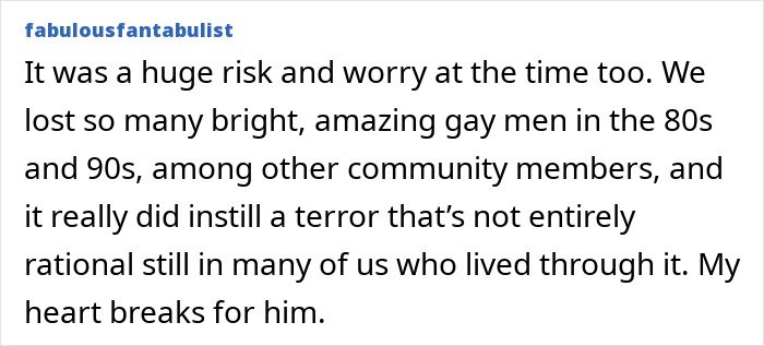 Screenshot of a social media comment discussing Tim Gunn’s heartbreaking reason behind 43 years of celibacy and its emotional impact.