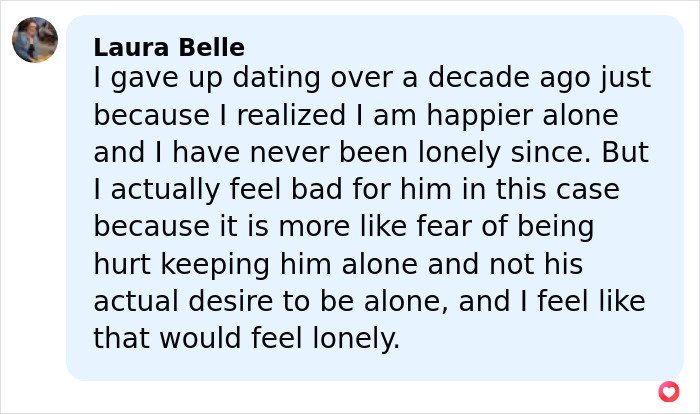 Comment about celibacy and loneliness in a blue text box with a small circular profile image beside the name Laura Belle.