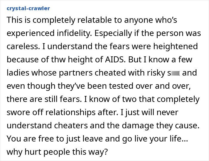 Comment discussing infidelity fears related to AIDS and emotional impact, linked to Tim Gunn's 43 years of celibacy.