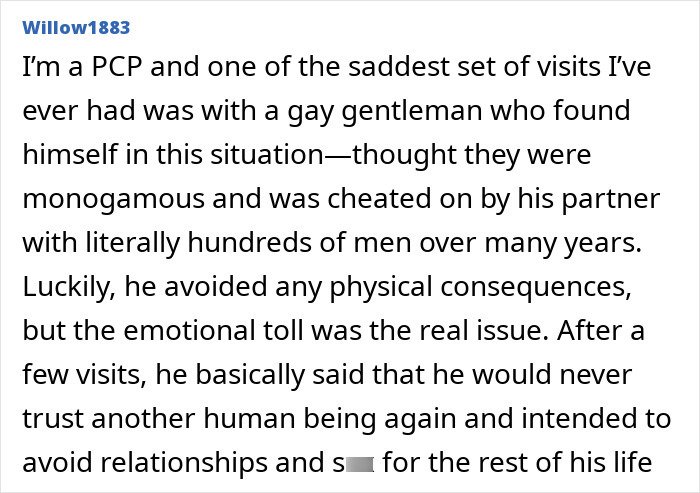 Text excerpt showing a PCP describing emotional toll leading to celibacy, relating to Tim Gunn's heartbreaking reason.