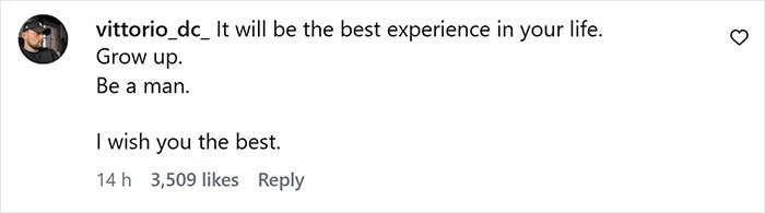 Comment by vittorio_dc_ on social media, expressing criticism and wishing the best to the recipient, with 3,509 likes.