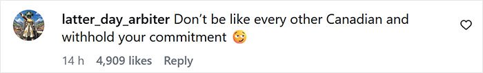 Instagram comment by latter_day_arbiter advising Canadians not to withhold commitment, related to Canadian hockey fans' Olympic bet backfiring.