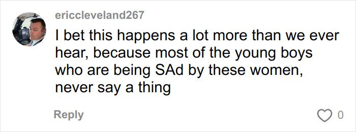 Comment by ericcleveland267 discussing the emotional impact on young boys linked to a school employee’s disturbing act.