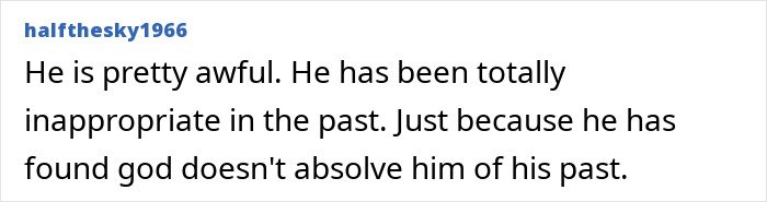 User comment criticizing Russell Brand for past inappropriate behavior after his hot tub baptism event.