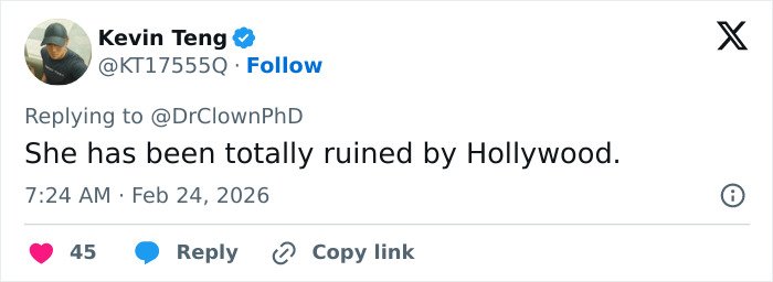 Tweet from Kevin Teng stating she has been totally ruined by Hollywood.