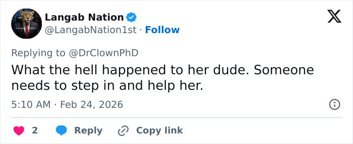 Tweet from Langab Nation expressing concern for Britney Spears after revealing bra while dancing to Billie Eilish in crop top.