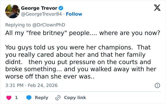 Tweet discussing Britney Spears and the impact of court pressure on her well-being from a concerned user.