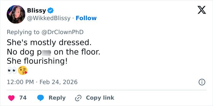Tweet by Blissy with a message about flourishing, featuring emojis, posted on February 24, 2026 at 12:00 PM.
