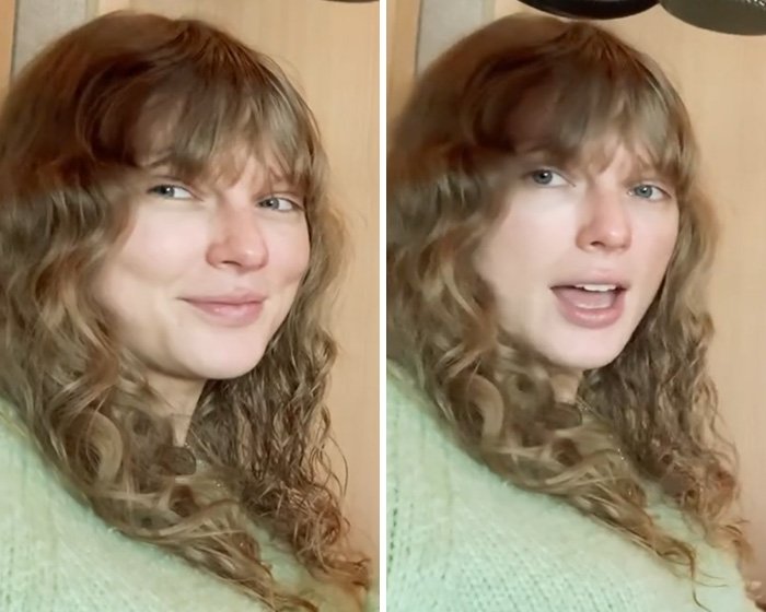 Taylor Swift in a makeup-free behind-the-scenes video with natural curls and minimal lighting, sparking wild reactions online.