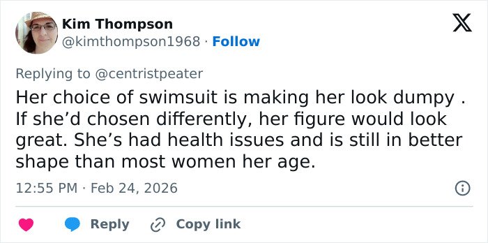 User Kim Thompson commenting on swimsuit choice sparking debate about Selena Gomez’s latest swimsuit snaps.