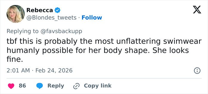Screenshot of a tweet criticizing Selena Gomez's latest swimsuit snaps, sparking debate over an odd detail noticed by fans.