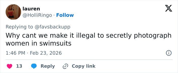 Tweet expressing concern about the legality of secretly photographing women in swimsuits amid Selena Gomez swimsuit debate.