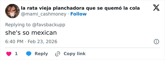 Twitter reply from user @mami_cashmoney stating "she's so mexican" posted on February 23, 2026, referencing Selena Gomez's latest swimsuit snaps.