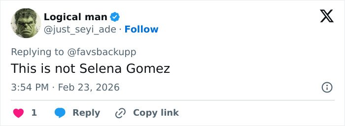 Tweet by user Logical man replying to a fan account, denying the image is Selena Gomez amid swimsuit snaps debate.