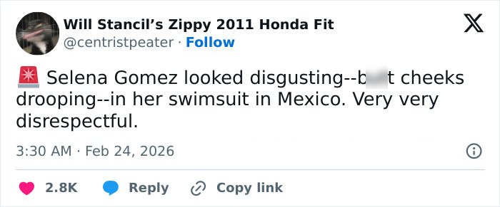 Tweet criticizing Selena Gomez's swimsuit appearance, sparking heated debate among fans over an odd detail.