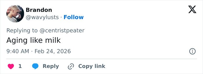 Screenshot of a tweet replying with the phrase aging like milk, related to Selena Gomez's latest swimsuit snaps debate.