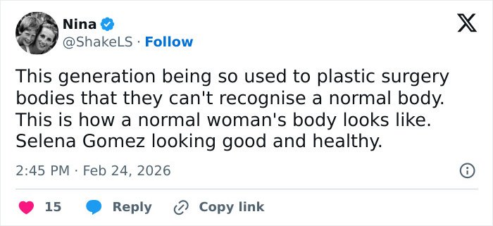 Tweet discussing Selena Gomez's latest swimsuit snaps sparking debate over an odd detail and body image perceptions.
