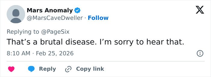 Tweet from Mars Anomaly expressing sympathy about a brutal disease, related to Christina Applegate's multiple sclerosis battle.