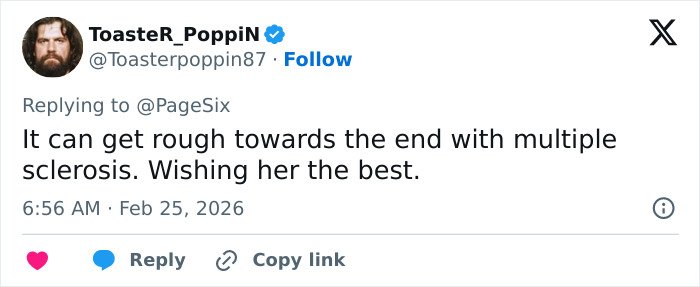 Tweet from user ToasteR_PoppiN expressing support for Christina Applegate's battle with multiple sclerosis.