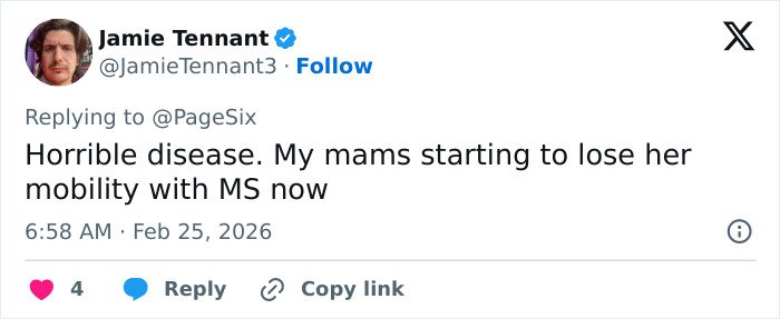 Screenshot of a tweet discussing the heartbreaking update on Christina Applegate’s battle with multiple sclerosis.