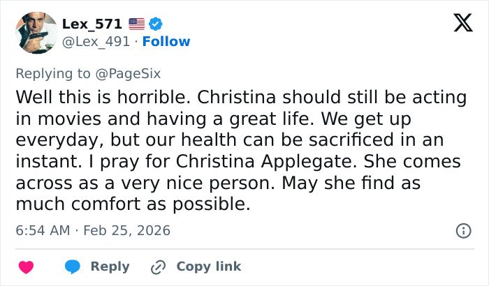 Tweet expressing support and sympathy for Christina Applegate’s battle with multiple sclerosis and her health struggles.