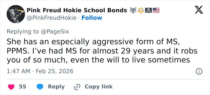 Tweet discussing an aggressive form of multiple sclerosis (MS) and its challenging impact on quality of life and will to live.